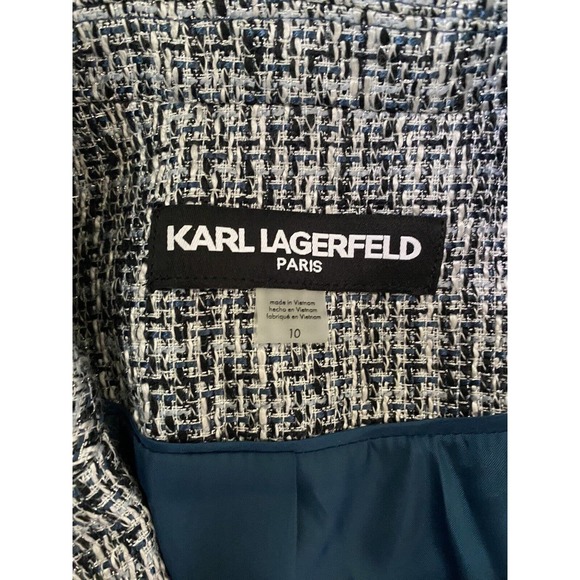 NWOT Karl Lagerfeld Fringe Trim Tweed Blazer Jacket Metallic Blue Two Bu… - Picture 10 of 12